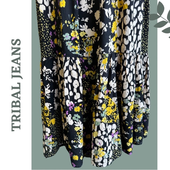 Tribal Jeans Floral Print Maxi Dress Back Elastic Smocking Black Yellow Size XS - Picture 13 of 14